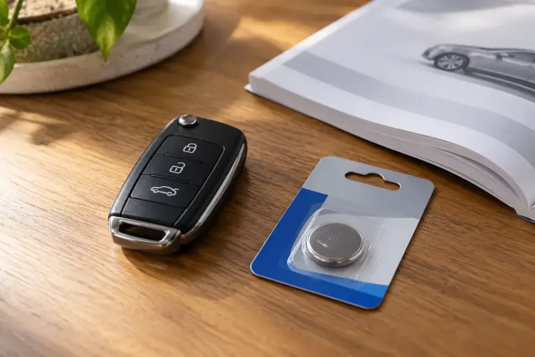 A car key fob beside an unopened coin-cell package and vehicle handbook on a tabletop.