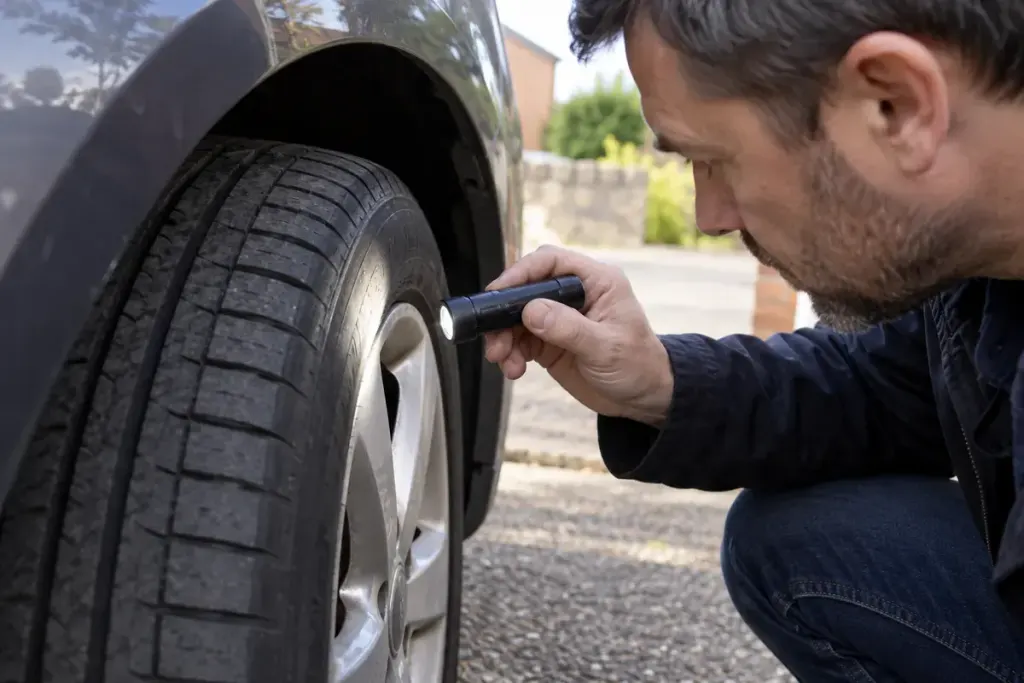Close view of a parked car tyre sidewall being inspected with a torch.