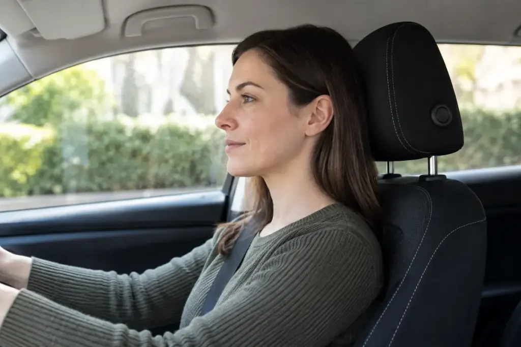 A parked car seat head restraint shown at an appropriate height behind an adult head.