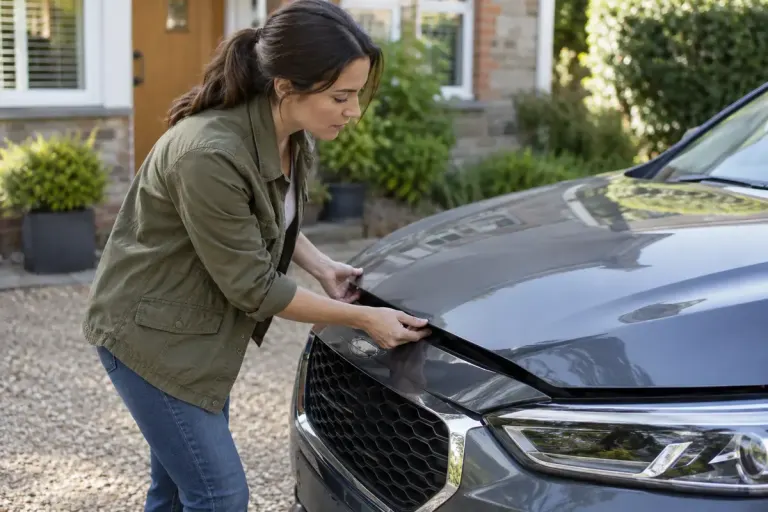 Owner checking the bonnet latch of a parked car with engine off in a driveway.