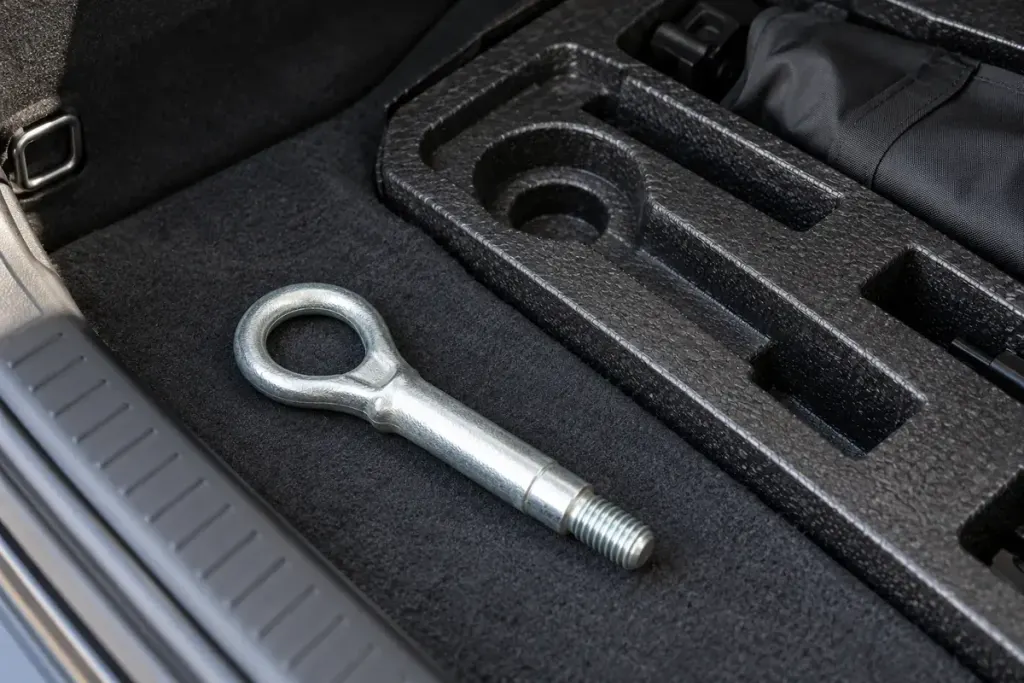 A removable threaded car towing eye resting beside its storage tray in a boot.