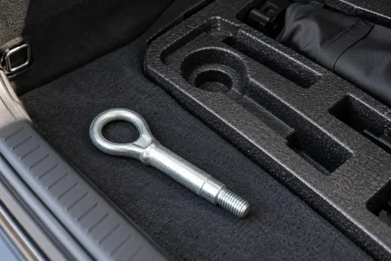A removable threaded car towing eye resting beside its storage tray in a boot.