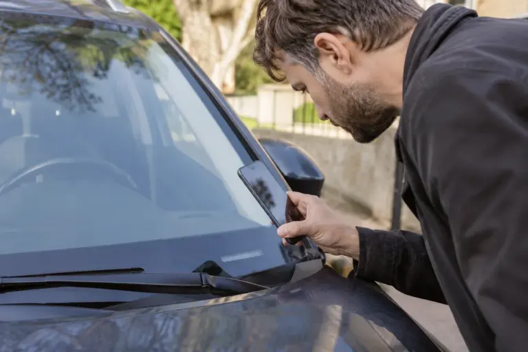 Car owner checking a vehicle identification plate through a parked car windscreen with a phone, no legible vin or interface.