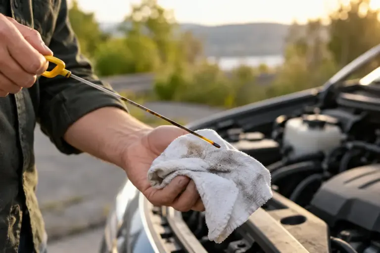 Clean car engine dipstick held above a rag beside a parked car with engine off.