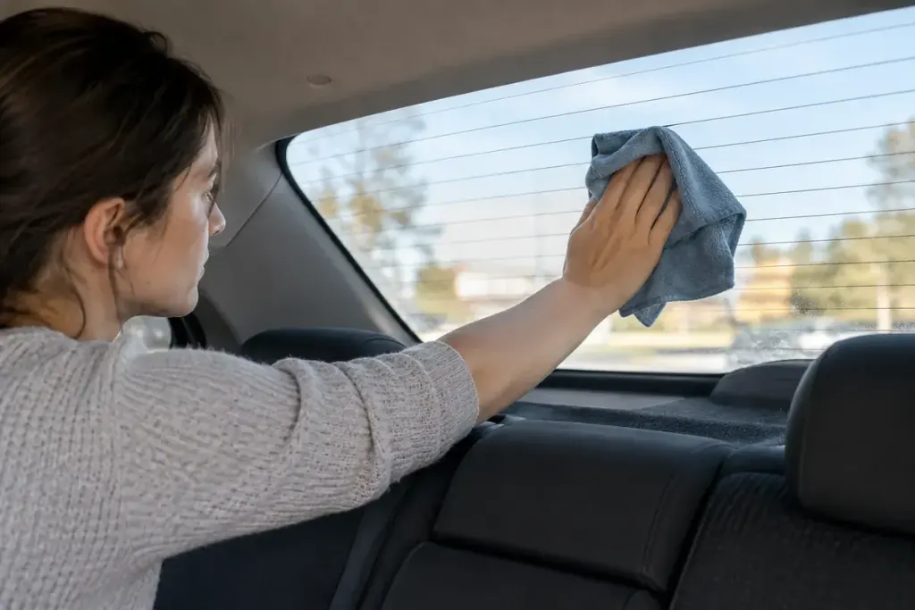 A person gently cleaning the inside rear car window with a soft cloth.