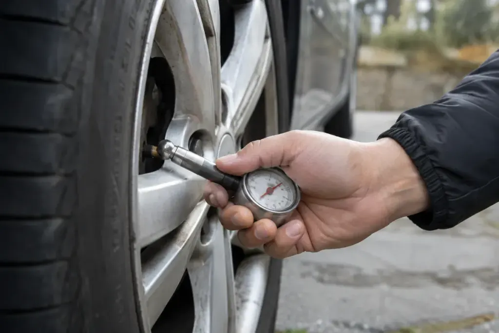 A hand holding a tyre-pressure gauge at the valve of a parked car wheel.
