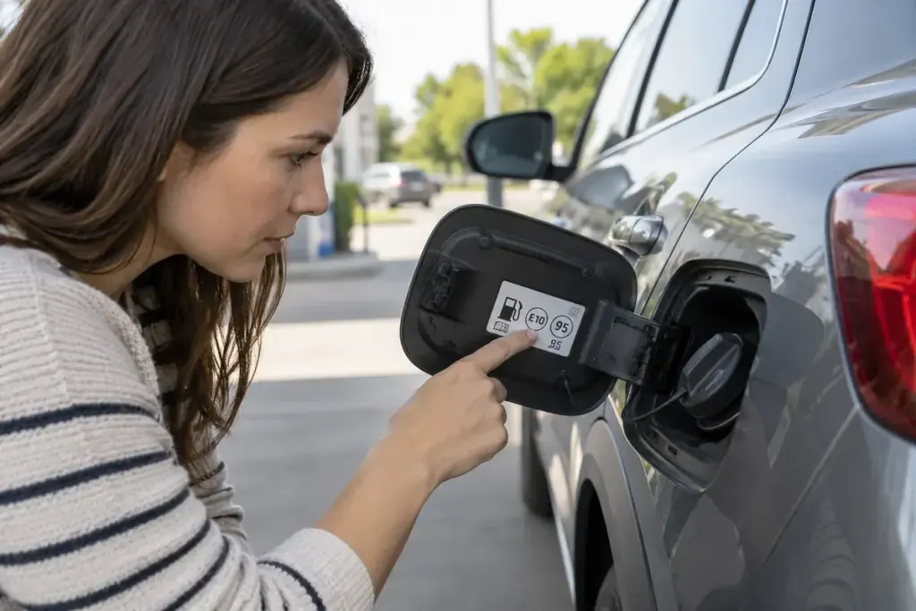 A driver reading the fuel-type label inside a parked car's open fuel flap.