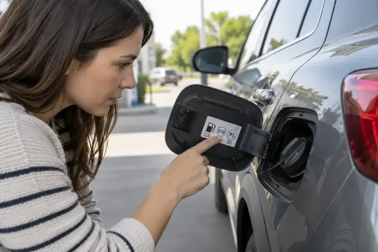 A driver reading the fuel-type label inside a parked car's open fuel flap.