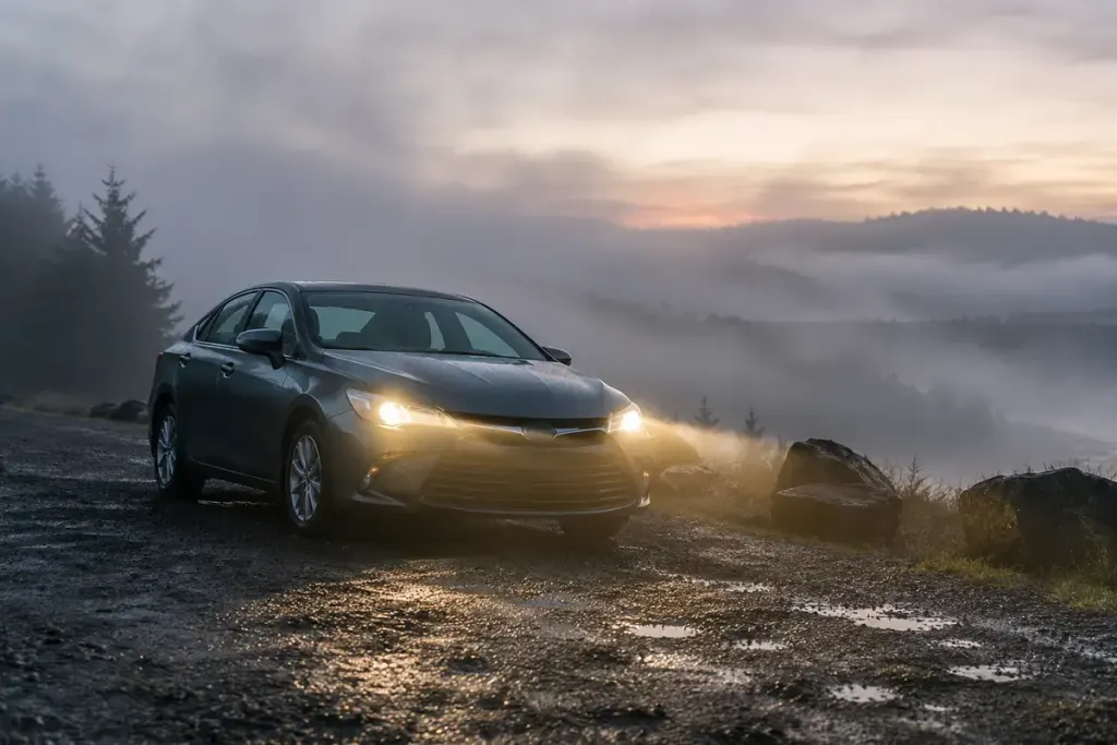 Parked car in mist with normal headlights visible.