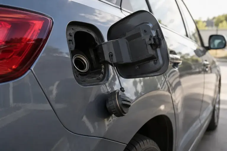 Close view of a parked car with an open fuel flap and a tethered fuel cap.