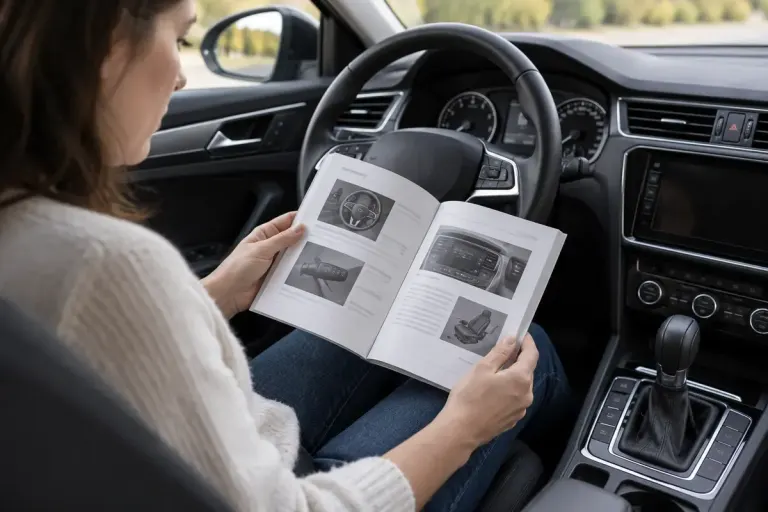 Close view of a parked car centre console and steering wheel with a driver consulting the handbook.