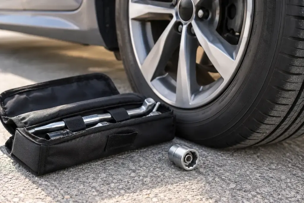A wheel locking nut key and vehicle tool pouch placed neatly beside a car wheel.