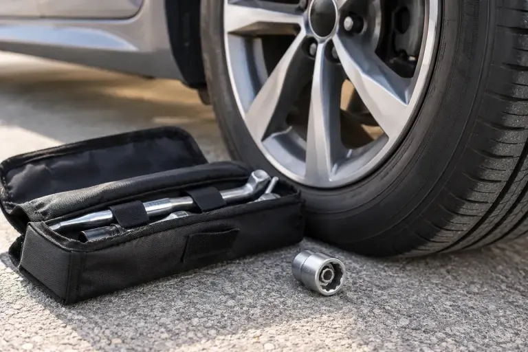 A wheel locking nut key and vehicle tool pouch placed neatly beside a car wheel.