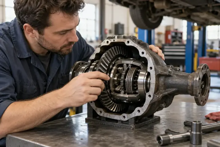 Mechanic examining a cutaway differential model on a workshop bench.