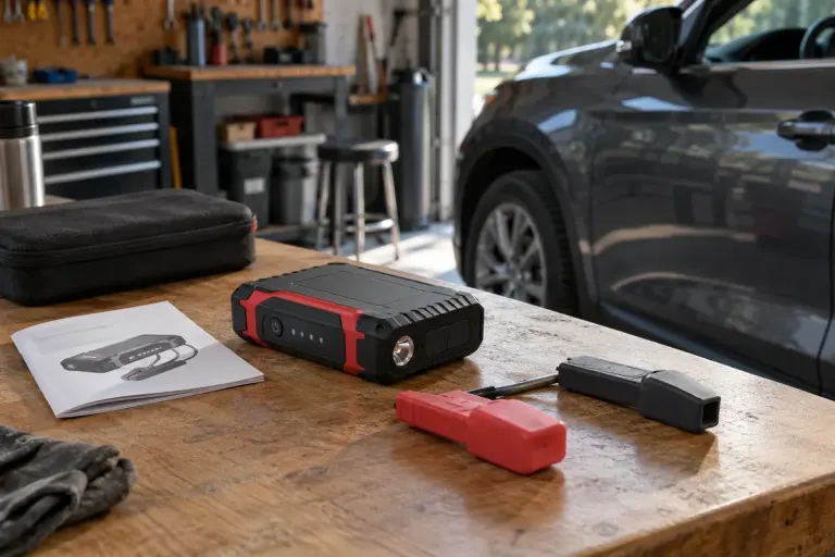 Unconnected portable jump starter and owner manual on a clean garage workbench beside a parked car, clamps separated and covered.