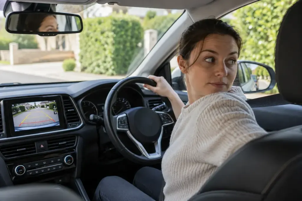 A driver checking mirrors in a parked car with a reversing camera display visible.