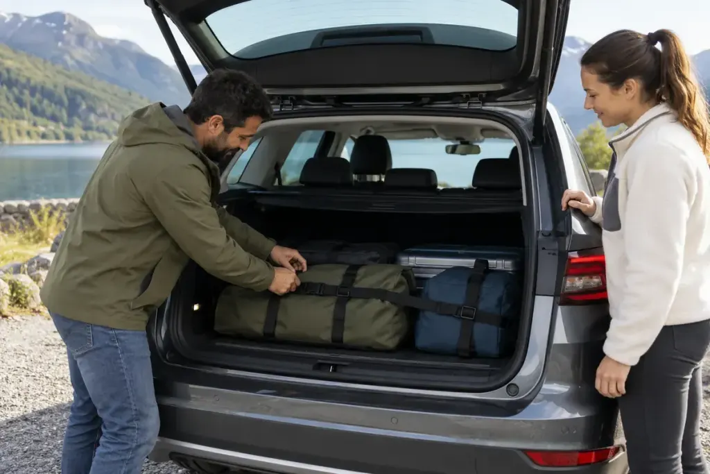 An open hatchback boot with luggage placed low and restrained with manufacturer-style cargo straps.