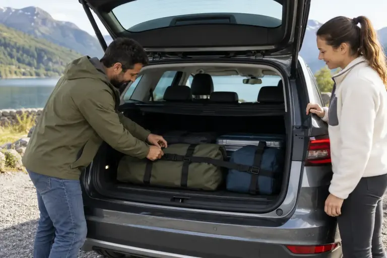 An open hatchback boot with luggage placed low and restrained with manufacturer-style cargo straps.