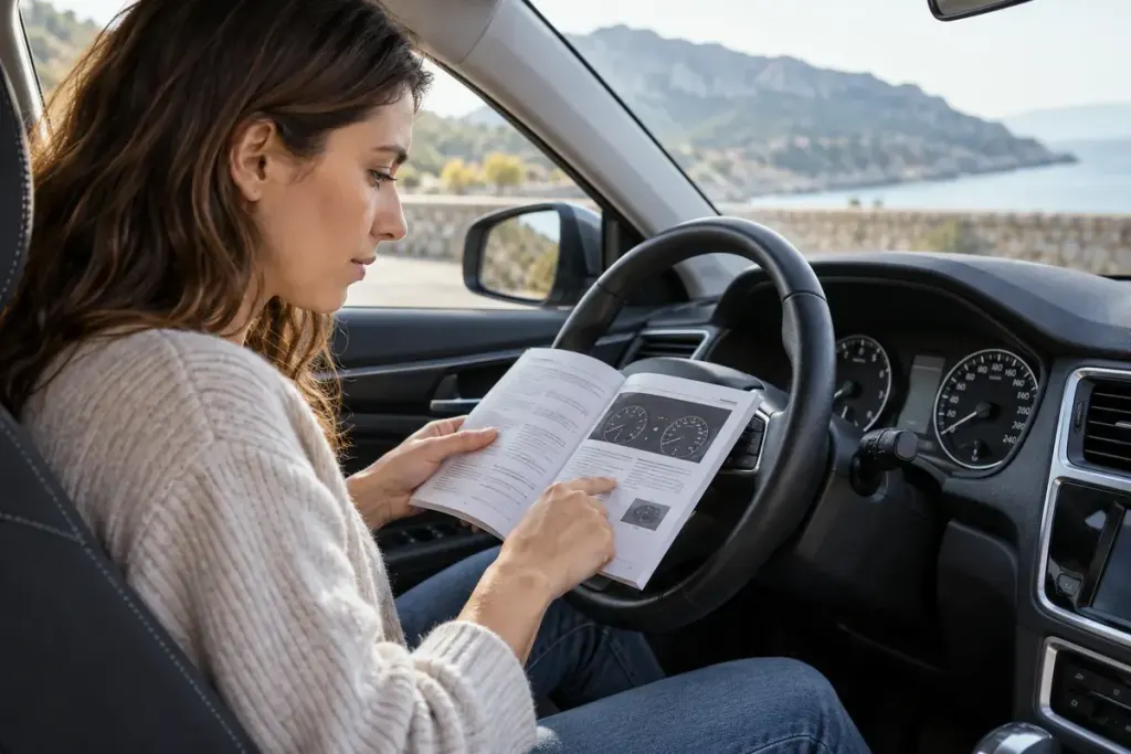 Driver in a parked car consulting the vehicle manual beside the dashboard.