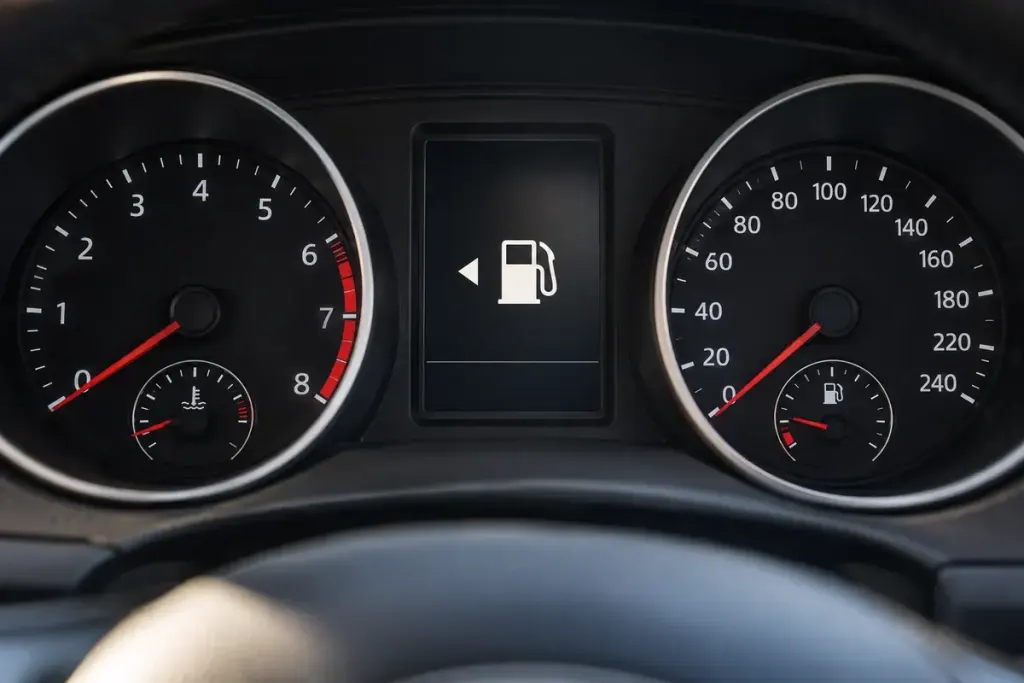 A parked car dashboard close-up with a simple fuel pump symbol and a clear small left-pointing triangular arrow.