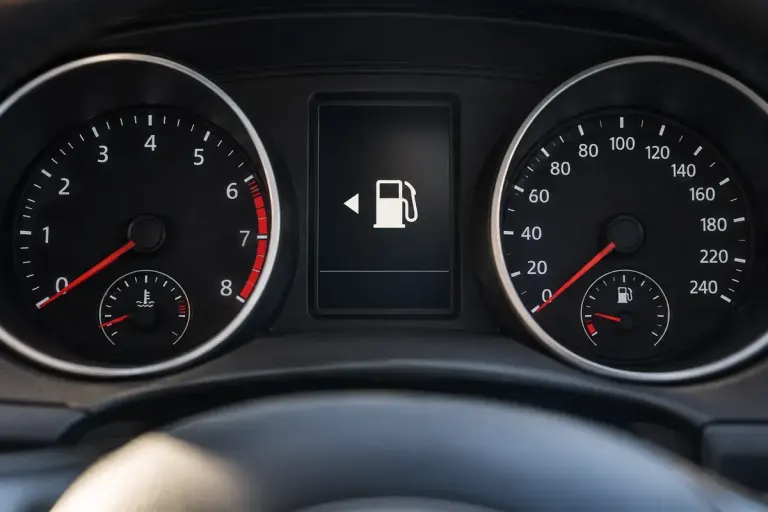 A parked car dashboard close-up with a simple fuel pump symbol and a clear small left-pointing triangular arrow.
