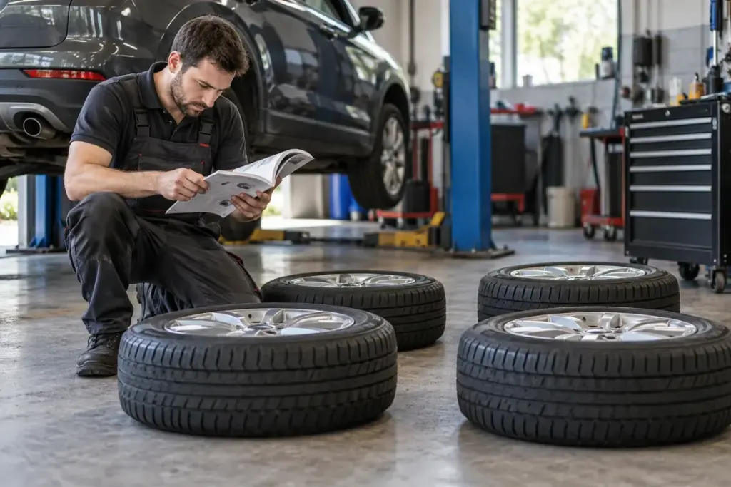 A technician checking a manual beside four vehicle wheels.