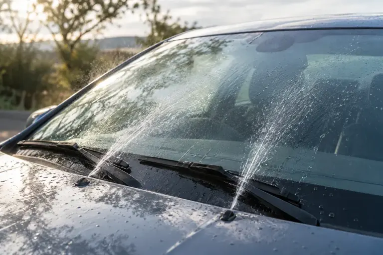 Close view of windscreen washer spray on a parked car outdoors.