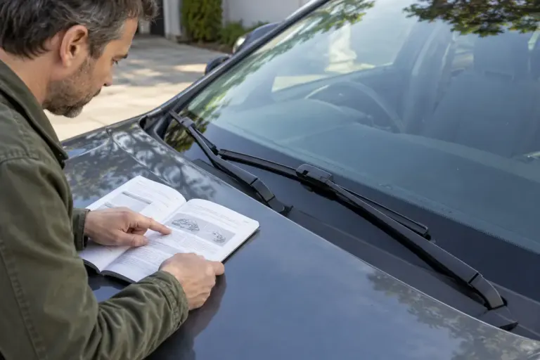 Stationary car windscreen with wiper arms visible, owner manual nearby.