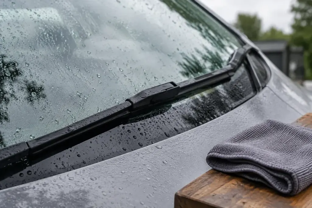 Rain droplets on a parked car windscreen and wiper blade, with a folded cleaning cloth nearby.