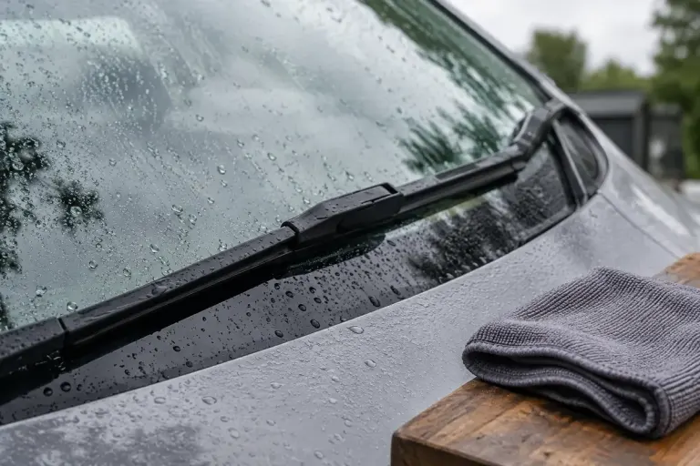 Rain droplets on a parked car windscreen and wiper blade, with a folded cleaning cloth nearby.