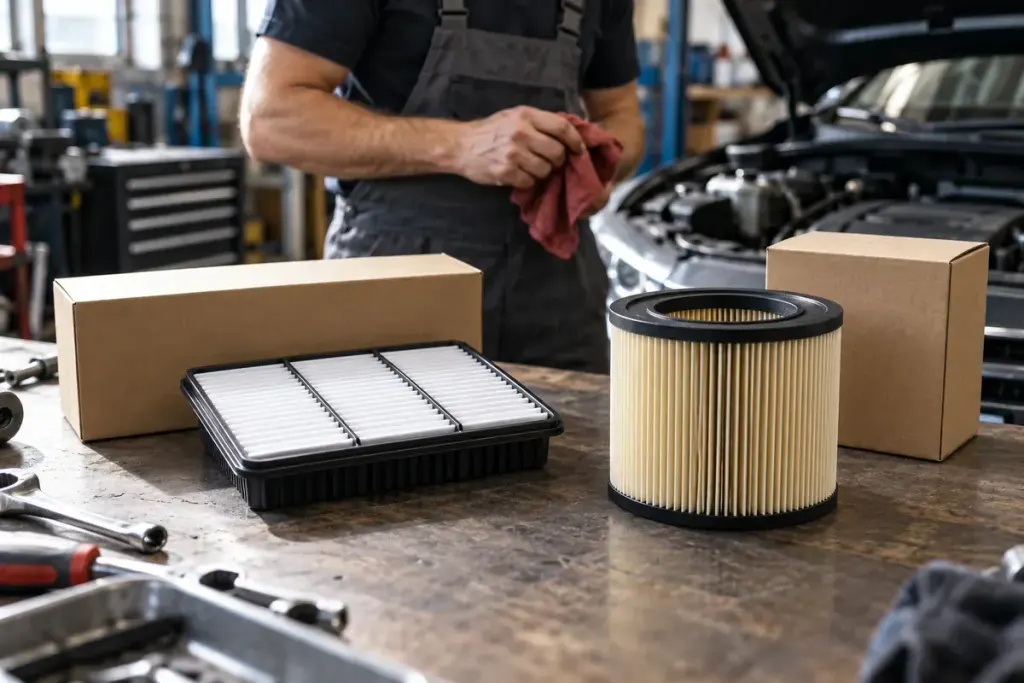 Two visibly different clean automotive air filters on a mechanic's workbench beside their plain boxes.